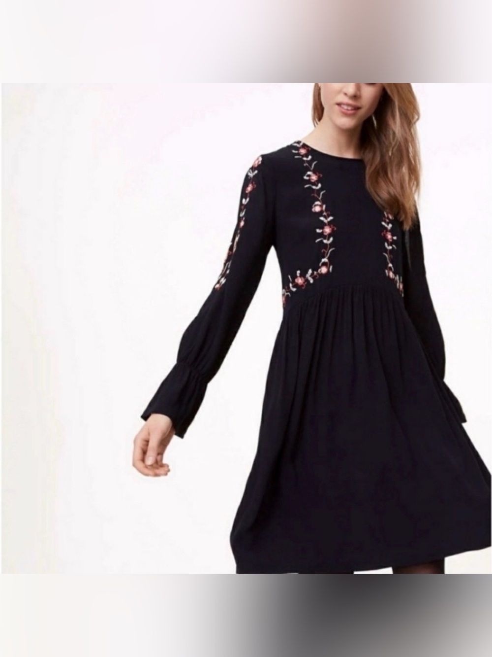 LOFT Black Dress with Pink Floral Embroidery